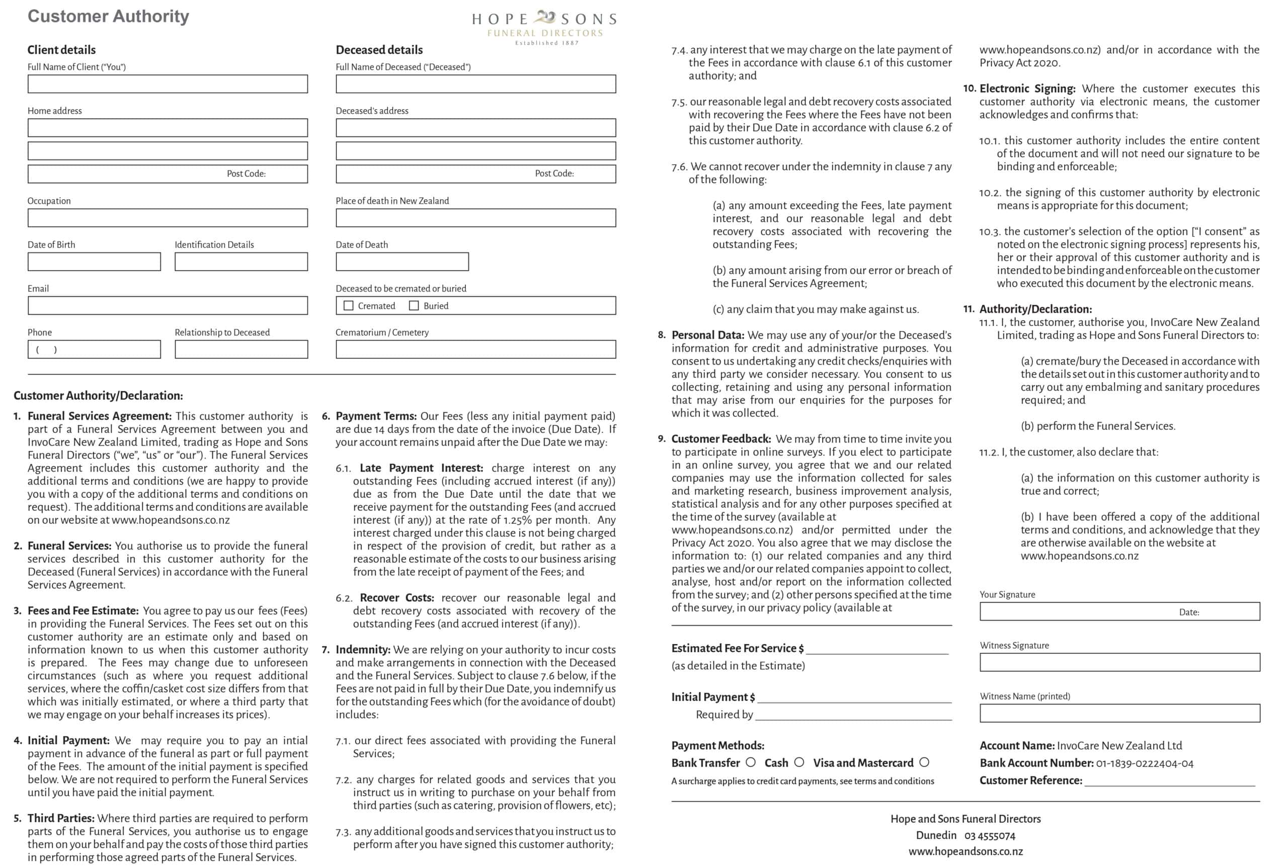 Hope And Sons Funeral Directors Customer Authority Form Scaled